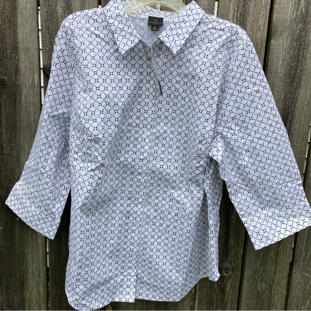 Worthington White & Black Floral Lattice 3/4 Sleeve Shirt Size 3X